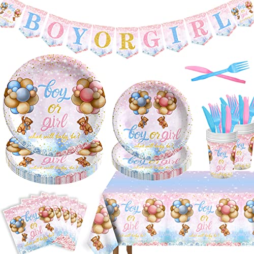 Gender Reveal Dekoration - Bear Gender Reveal Geschirr-Set Servieren Sie für 20 Gäste, einschließlich Banner, Teller, Servietten, Gabeln und Messer für Babyparty-Dekoration von HAKOTI