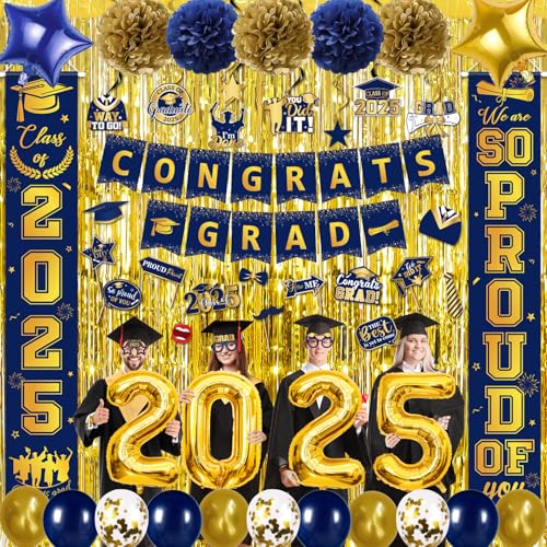 Marineblaue Abschlussdekorationen, Grad Dekor mit Congrats Grad Banner Fransen Folienvorhang 2025 Luftballons Abschluss Foto Requisiten für Marineblau und Gold Grad Party Klasse von 2025 von HAKOTI