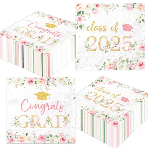 Party-Servietten mit Aufschrift "Congrats Grad", Blumenmotiv, für Abschlussfeier, Party, Schulabschluss, Rosa, Klasse 2025, Papierservietten für Hochschule, Abschluss, Partyzubehör, 50 Stück von HAKOTI