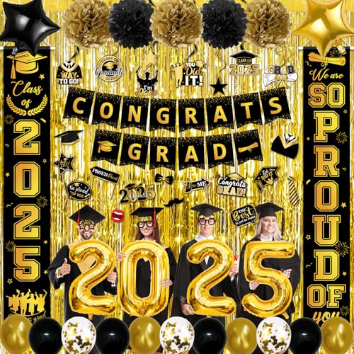 Schwarz und Gold Abschlussdekorationen, Grad Dekor mit Congrats Grad Banner Fransen Folienvorhang 2025 Luftballons Abschluss Foto Requisiten für Schwarz und Gold Grad Party Klasse 2025 von HAKOTI