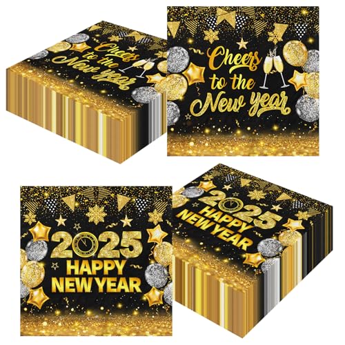 Silvester-Servietten – Happy New Year Dekorationen 2025 Schwarz Gold Silvester Party Servietten Prost to the New Year Tischdekoration für 2025 Neujahrsparty-Zubehör von HAKOTI