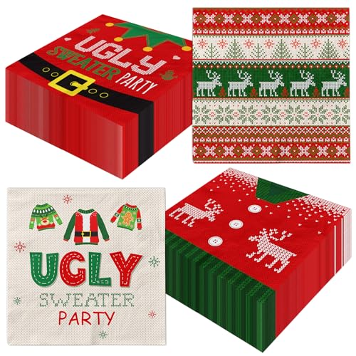 Ugly Sweater Decorations Napkins, 40Pcs Ugly Christmas Sweater Party Decorations Napkins Disposable Ugly Sweater Christmas Napkins for Tacky Sweater Party Decorations von HAKOTI