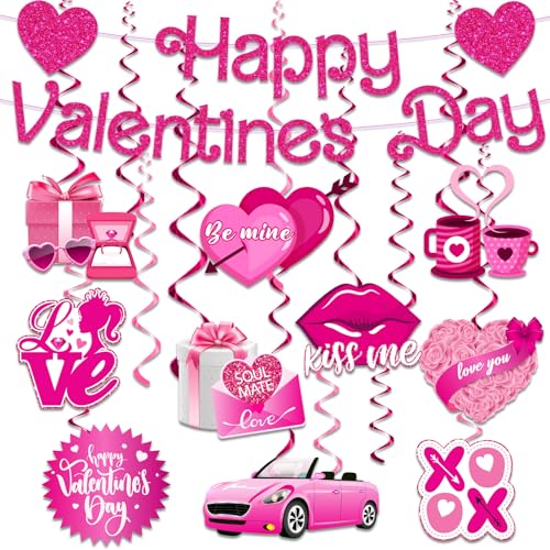 Valentinstag-Hängedekorationen - 10 Stück Valentinstag hängende Wirbel, rosa Glitzer, Happy Valentine's Day Banner und XOXO Love Deckenhänge-Dekorationen, Valentinstag, Foto-Requisiten von HAKOTI