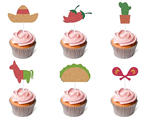 24 Stück mexikanische Fiesta-Cupcake-Topper für Kinder und Erwachsene, Partyzubehör, Taco-Kaktus-Pfeffer, Sombrero-Cupcake-Picker für mexikanische Mottoparty-Dekorationen von HAKPUOTR