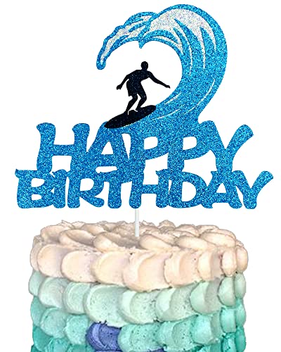 HAKPUOTR Surfen Happy Birthday Kuchenaufsatz, Glitzer Blau Surfen Geburtstag Kuchen Topper für Sommer Hawaii Strand Surfen Thema Party Dekorationen von HAKPUOTR