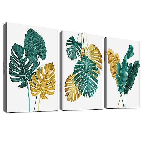 3 Panels Mit Rahmen Grüne Goldene Blätter Leinwand Bilder Tropische Monstera Palmblätter Bild auf Leinwand Malerei Wandbilder Schlafzimmer Wohnzimmer Badezimmer Wanddekoration 90x40cm (12"x16"x3pcs） von HALFLEMART