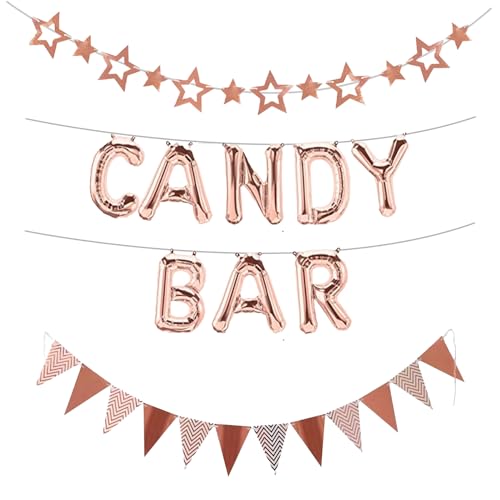 HAMANNI Roségoldenen Glitter Candy Bar Deko Set - Candy Bar Zubehör, Helium Candy Bar Schild Luftballons, Candybar Zubehör Set für Hochzeit Party, Candy Bar Wimpel Girlande Hohle Sterne Banner von HAMANNI