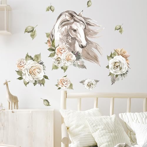 HAMANNI Wandtattoo Blumen und Pferde - Wandtattoo Kinderzimmer Mädchen, Wandtattoo Pferd Junge, Pferdekopf Wandsticker Kinderzimmer Babyzimmer, Blumen und Pferdekopf Wandaufkleber Wand Deko von HAMANNI