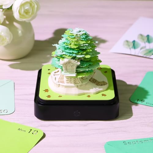 3D Kalender Abreißen 2025, Schreibtisch Kalender Mit Lichtern 3D Notizblock Papier Kunst Sakura Baum 3D Memo Pad Papier Schnitzen Geschenk Desktop Dekoration (Grün) von HAMON