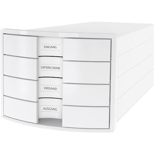 HAN Schubladenbox IMPULS 2.0 mit 4 geschlossenen Schubladen für DIN A4/C4 inkl. Beschriftungsschilder, Auszugsperre, möbelschonende Gummifüße, Design in premium Qualität, 1012-12, weiß von Hanlesi