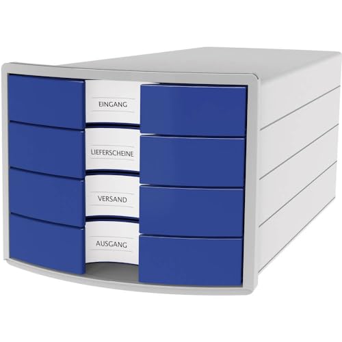 HAN Schubladenbox IMPULS 2.0 mit 4 geschlossenen Schubladen für DIN A4/C4 inkl. Beschriftungsschilder, Auszugsperre, möbelschonende Gummifüße, Design in premium Qualität, 1012-14, lichtgrau / blau von Hanlesi