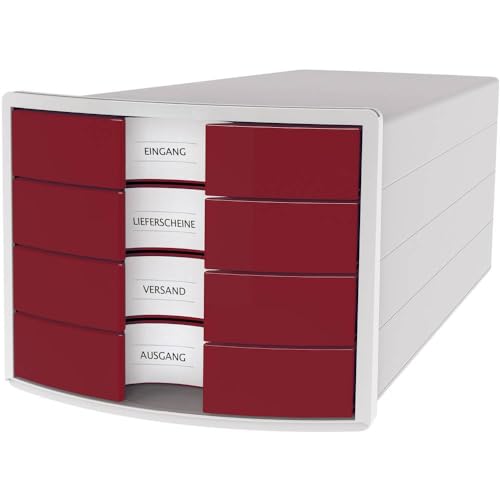 HAN Schubladenbox IMPULS 2.0 mit 4 geschlossenen Schubladen für DIN A4/C4 inkl. Beschriftungsschilder, Auszugsperre, möbelschonende Gummifüße, Design in premium Qualität, 1012-17, lichtgrau / rot von Hanlesi