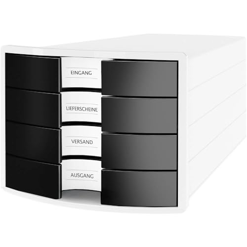 HAN Schubladenbox IMPULS 2.0 mit 4 geschlossenen Schubladen für DIN A4/C4 inkl. Beschriftungsschilder, Auszugsperre, möbelschonende Gummifüße, Design in premium Qualität, 1012-32, weiß / schwarz von Hanlesi