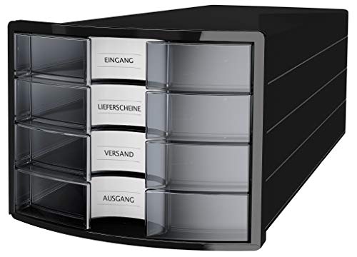 HAN Schubladenbox IMPULS 2.0 - attraktives Design in höher Qualität. Mit 4 geschlossenen Schubladen für DIN A4/C4, schwarz/transluzent-klar, 1012-363, 4 Schubladen von Hanlesi