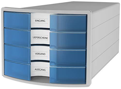 HAN Schubladenbox IMPULS 2.0 - attraktives Design in höher Qualität. Mit 4 geschlossenen Schubladen für DIN A4/C4, lichtgrau/transluzent-blau, 1012-64, 4 Schubladen von Hanlesi