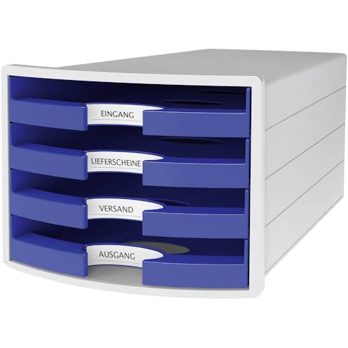 HAN Schubladenbox IMPULS 2.0 mit 4 offenen Schubladen für DIN A4/C4 inkl. Beschriftungsschilder, Auszugsperre, möbelschonende Gummifüße, Design in premium Qualität, 1013-14, lichtgrau / blau von Hanlesi