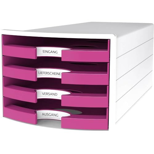 HAN Schubladenbox IMPULS 2.0 mit 4 offenen Schubladen für DIN A4/C4 inkl. Beschriftungsschilder, Auszugsperre, möbelschonende Gummifüße, Design in premium Qualität, 1013-56, weiß / pink von Hanlesi