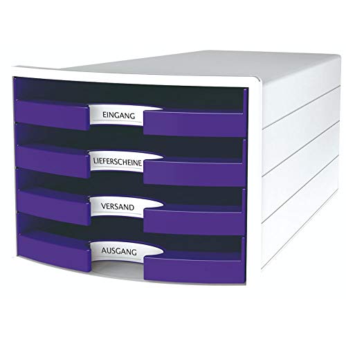 HAN Schubladenbox IMPULS 2.0 mit 4 offenen Schubladen für DIN A4/C4 inkl. Beschriftungsschilder, Auszugsperre, möbelschonende Gummifüße, Design in premium Qualität, 1013-57, weiß / lila von Hanlesi