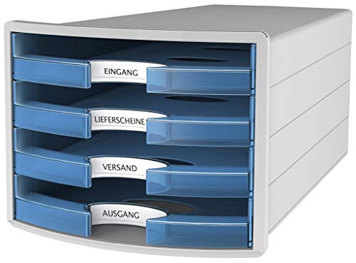 HAN Schubladenbox IMPULS 2.0 mit 4 offenen Schubladen für DIN A4/C4 inkl. Beschriftungsschilder, Auszugsperre, möbelschonende Gummifüße, premium Qualität, 1013-64, lichtgrau / transluzent-blau von Hanlesi