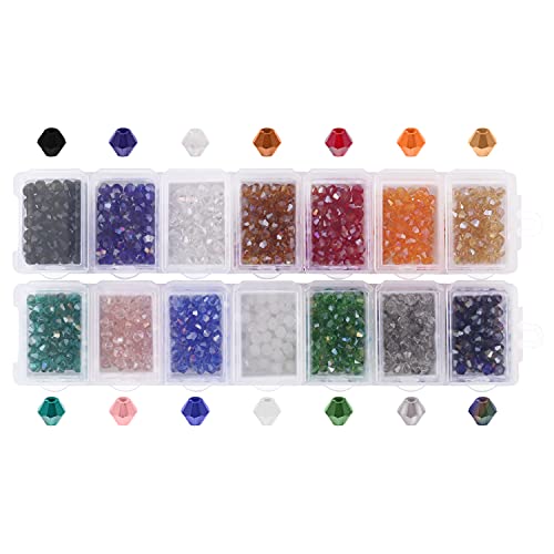 Handi Stitch 4mm Doppelkegel Glas Perlen zum Auffädeln mit Aufbewahrungsbox (1400er Set) - 14 Verschiedene AB Farben - Acryl Perlen für Ketten, DIY-Basteln, Armbänder & Halsketten Schmuck Herstellung von HANDI STITCH