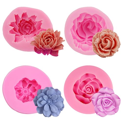 HANIUTTY 4 Stücke 3D Silikonform Blumen, Rose Blume Fondant Silikon Silikonformen Gießformen Kerzen Form Blume Blühen Rose für Kuchen Dekoration Schokolade Handgemachte Süßigkeit Herstellung von HANIUTTY