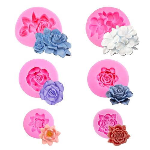 HANIUTTY 6 Stücke 3D Silikonform Blumen, Rose Blume Fondant Silikon Silikonformen Gießformen Kerzen Form Blume Blühen Rose für Kuchen Dekoration Schokolade Handgemachte Süßigkeit Herstellung von HANIUTTY