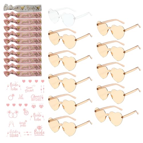 25 Stück JGA Accessoires Frauen Bride to Be Frauen Junggesellinnenabschied Accessoires Hochzeit Fotorequisiten Spiele - 11 Herzförmige Brille + 11 Team Bride Armbänder + 3 Blätter Jga Tattoos ﻿ von HANIUTTY