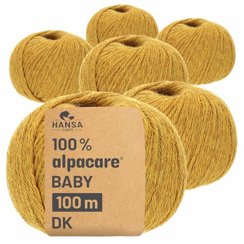 HANSA-FARM | Alpacare 100% die 1. maschinenwaschbare Baby Alpakawolle - 300 Set DK (6 x 50g) - kratzfreie Alpaka Wolle zum Stricken & Häkeln - Senfgelb von HANSA-FARM