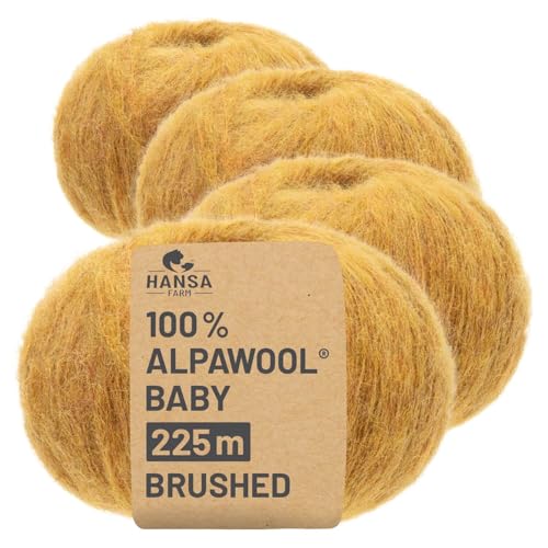 HANSA-FARM |Alpawool 100% Baby Alpaka Brushed 200g Set (4 x 50g) leichte und kratzfreie Wolle zum Stricken & Häkeln - HF114 Senfgelb Melange von HANSA-FARM