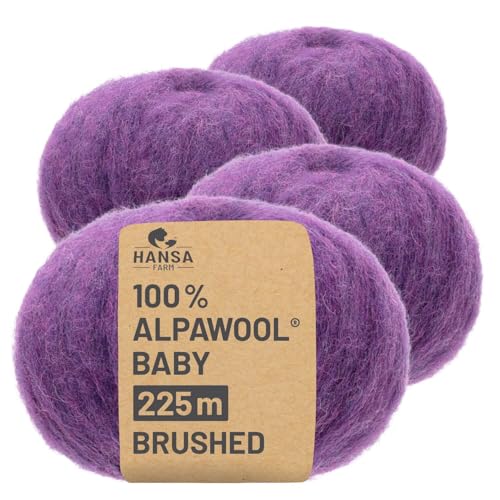 HANSA-FARM |Alpawool 100% Baby Alpaka Brushed 200g Set (4 x 50g) leichte und kratzfreie Wolle zum Stricken & Häkeln - HF204 Lila Melange von HANSA-FARM