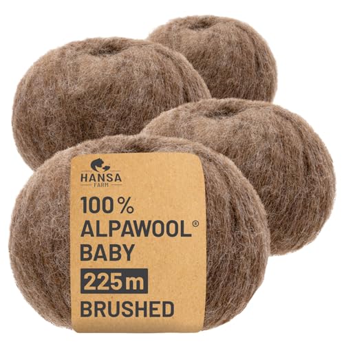 HANSA-FARM |Alpawool 100% Baby Alpaka Brushed 200g Set (4 x 50g) leichte und kratzfreie Wolle zum Stricken & Häkeln - NFA06 Braun von HANSA-FARM