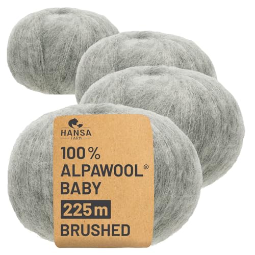 HANSA-FARM |Alpawool 100% Baby Alpaka Brushed 200g Set (4 x 50g) leichte und kratzfreie Wolle zum Stricken & Häkeln - NFA09 Silbergrau von HANSA-FARM