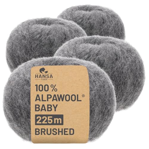 HANSA-FARM |Alpawool 100% Baby Alpaka Brushed 200g Set (4 x 50g) leichte und kratzfreie Wolle zum Stricken & Häkeln - NFA12 Dunkelgrau von HANSA-FARM