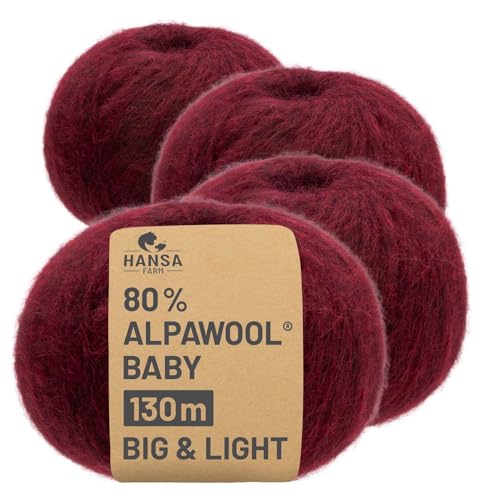 HANSA-FARM |Alpawool 80% Baby Alpaka Big & Light 200g Set (4 x 50g) leichte und kratzfreie Wolle zum Stricken & Häkeln - HF179 Weinrot Melange von HANSA-FARM