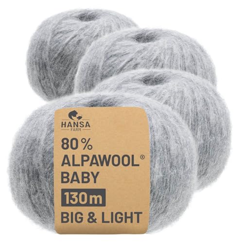 HANSA-FARM |Alpawool 80% Baby Alpaka Big & Light 200g Set (4 x 50g) leichte und kratzfreie Wolle zum Stricken & Häkeln - NFA10 Hellgrau von HANSA-FARM