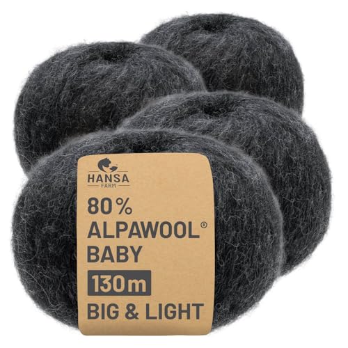 HANSA-FARM |Alpawool 80% Baby Alpaka Big & Light 200g Set (4 x 50g) leichte und kratzfreie Wolle zum Stricken & Häkeln - NFA14 Anthrazit von HANSA-FARM