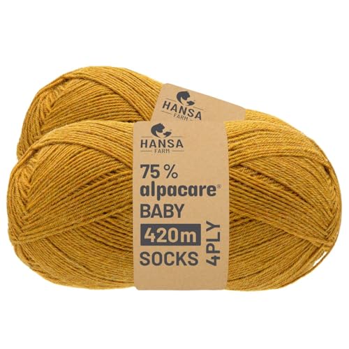 HANSA-FARM |alpacare 75% waschbare Baby Alpaka Socks 224g Set (2 x 112g) Sockenwolle kratzfreie Wolle zum Stricken & Häkeln - HF114 Senfgelb Melange von HANSA-FARM