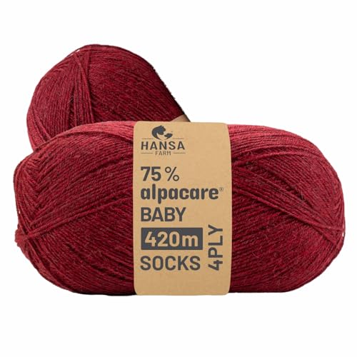 HANSA-FARM |alpacare 75% waschbare Baby Alpaka Socks 224g Set (2 x 112g) Sockenwolle kratzfreie Wolle zum Stricken & Häkeln - HF179 Weinrot Melange von HANSA-FARM