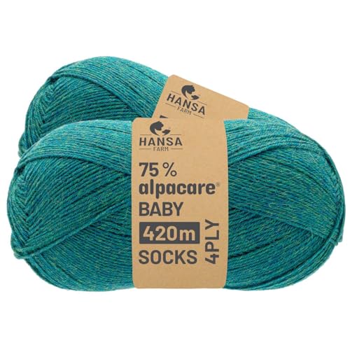 HANSA-FARM |alpacare 75% waschbare Baby Alpaka Socks 224g Set (2 x 112g) Sockenwolle kratzfreie Wolle zum Stricken & Häkeln - HF266 Blau-Gruen Melange von HANSA-FARM