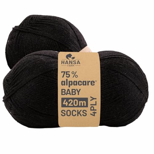 HANSA-FARM |alpacare 75% waschbare Baby Alpaka Socks 224g Set (2 x 112g) Sockenwolle kratzfreie Wolle zum Stricken & Häkeln - NFA15 Schwarz von HANSA-FARM