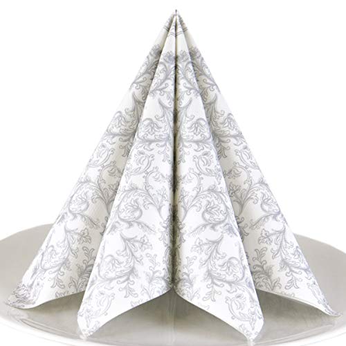 Servietten Ornament silber Premium Airlaid, STOFFÄHNLICH | 25 Stück | 40 x 40cm | Hochzeitsserviette | hochwertige edle Serviette für Hochzeit, Geburtstag, Party, Taufe, Kommunion | made in Germany von HANTERMANN