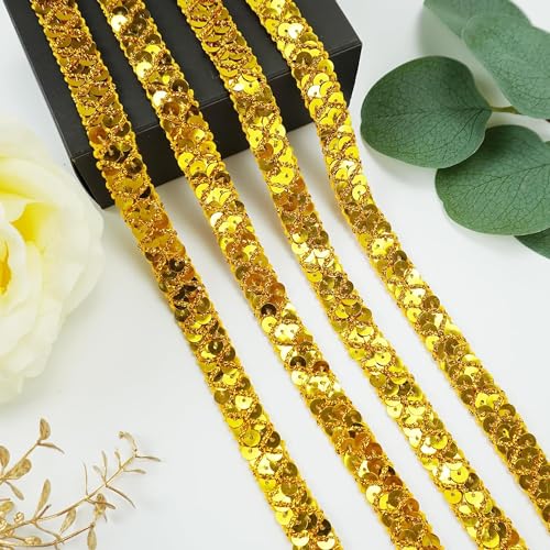 HAOBIN Pailletten BäNder Paillettenband 13 Meter Glitzer Paillettenband Borten Zweireihig Pailletten Spitzenborte Pailletten Trim Für Kunsthandwerk Diy Nähen Kleidung Dekoration Basteln (Gold 15mm) von HAOBIN