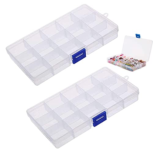 HAOBIN Plastik Sortierbox Sortimentskasten stabile Verstellbare Schmuck Organizer Box Verstellbare Kunststoff-Sortierbox mit 15 Fächern und Deckel Aufbewahrung von Schrauben,Perlen,Ohrringen,2 Stück von HAOBIN