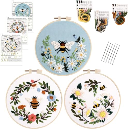 HAOCOO 3 Sets Stickset für Anfänger, Kreuzstich-Sets mit Blumen- und Bienenmuster und Anleitung (evtl. nicht in deutscher Sprache), komplettes Sticktuch, Stickrahmen, Farbfäden und Werkzeug von HAOCOO