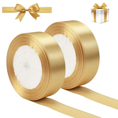 HAOMEEDUO 2 Rollen Satinband Gold 25mm x 22m Dekoband Breit Stoff Schleifenband Gold Stoffband Dekoration Geschenkband Goldenes Band Satin Doppelsatinband für Geschenkverpackung Basteln Hochzeit von HAOMEEDUO