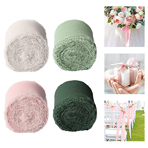 HAOMEEDUO 4 Rollen Chiffonband Breit 3.7cm Seidenband Bänder Chiffon Schleifenband Chiffon Geschenkband 5 Yards Satinband Fransenband 4 Farben Band mit Fransen für Blumenstrauß Geschenke Verpackung von HAOMEEDUO