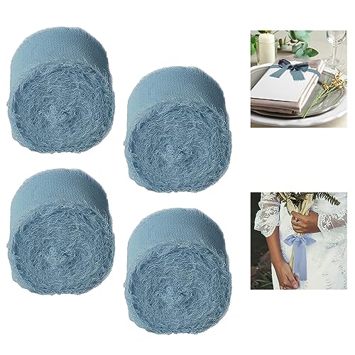 HAOMEEDUO 4 Rollen Chiffonband Stoffband Schleifenband Hochzeit Geschenkband Satinband Dekoband Seidenband Chiffon Bänder mit Fransen für Blumenstrauß Geschenke Verpackung (3.8cm x 6m, Blau) von HAOMEEDUO