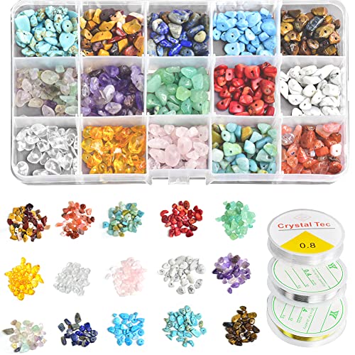 HAOMEEDUO 600 Pcs Edelstein Perlen Set 15 Farben Halbedelsteine Perlen mit Loch Schmucksteine Perlen 5-7mm Ringe Selber Machen Set Natursteine zum Basteln Steinperlen mit Kupferdraht Schnur für DIY von HAOMEEDUO