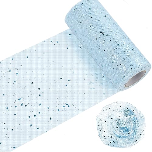 HAOMEEDUO Glitzer Tüll Tüllband mit kleine Pailletten Rolle Tüll Stoff mit Glitzern Dekostoff Tischband Glitzertüll für Hochzeit Party Bankett Deko Handwerk Hochzeit Geschenk Bogen (15cm*30m, Blau) von HAOMEEDUO