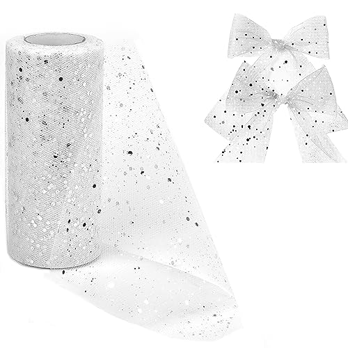 HAOMEEDUO Glitzer Tüll Tüllband mit kleine Pailletten Rolle Tüll Stoff mit Glitzern Dekostoff Tischband Glitzertüll für Hochzeit Party Bankett Deko Handwerk Hochzeit Geschenk Bogen (15cm*30m, Weiß) von HAOMEEDUO